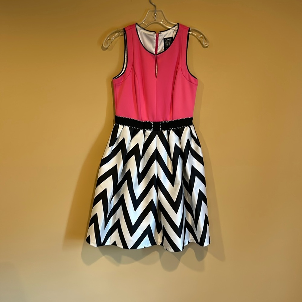 Brand new occasion dress in Barbie pink and black/white chevron taffeta skirt.